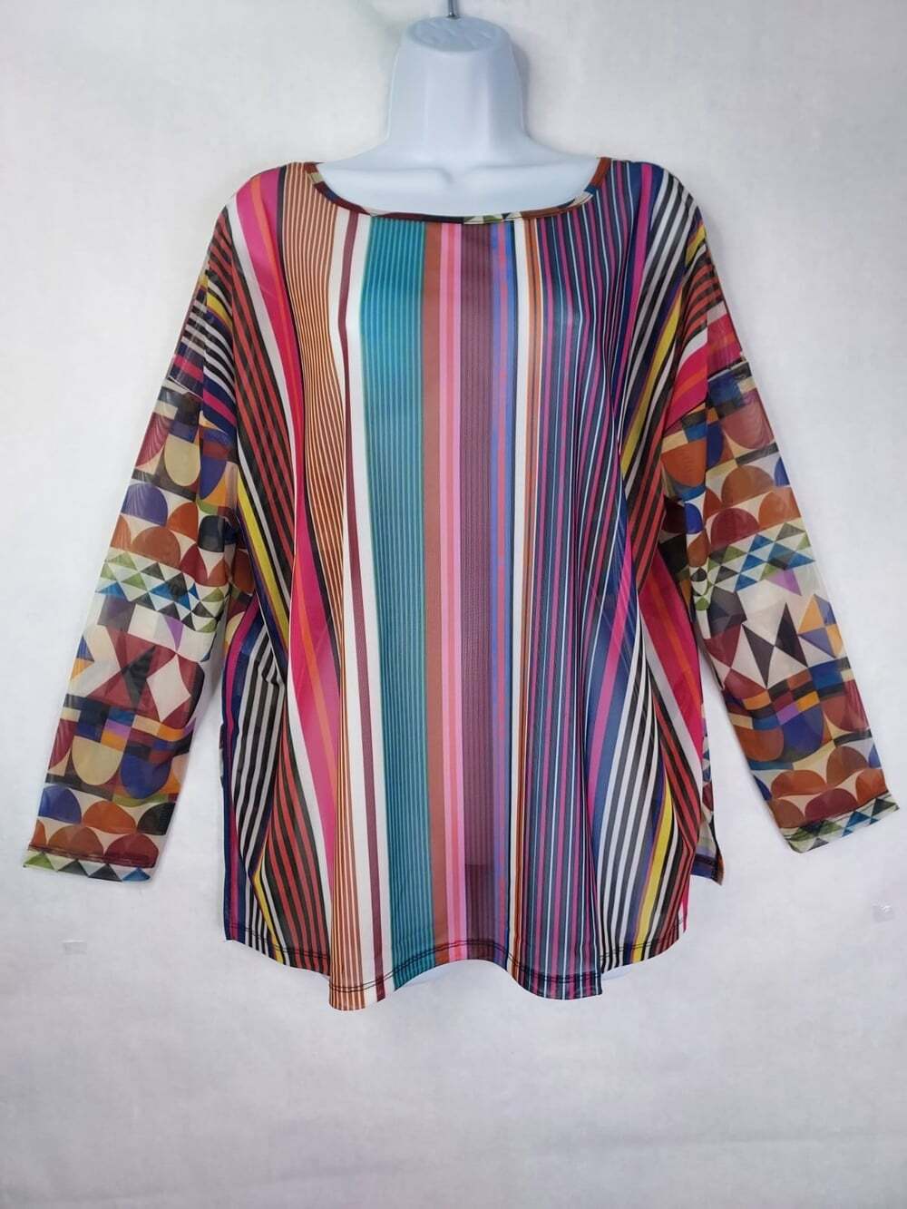 Shannon Passero Blouse L/XL Geometric Sheer Oversized Top Shirt Colorful BohoNEW